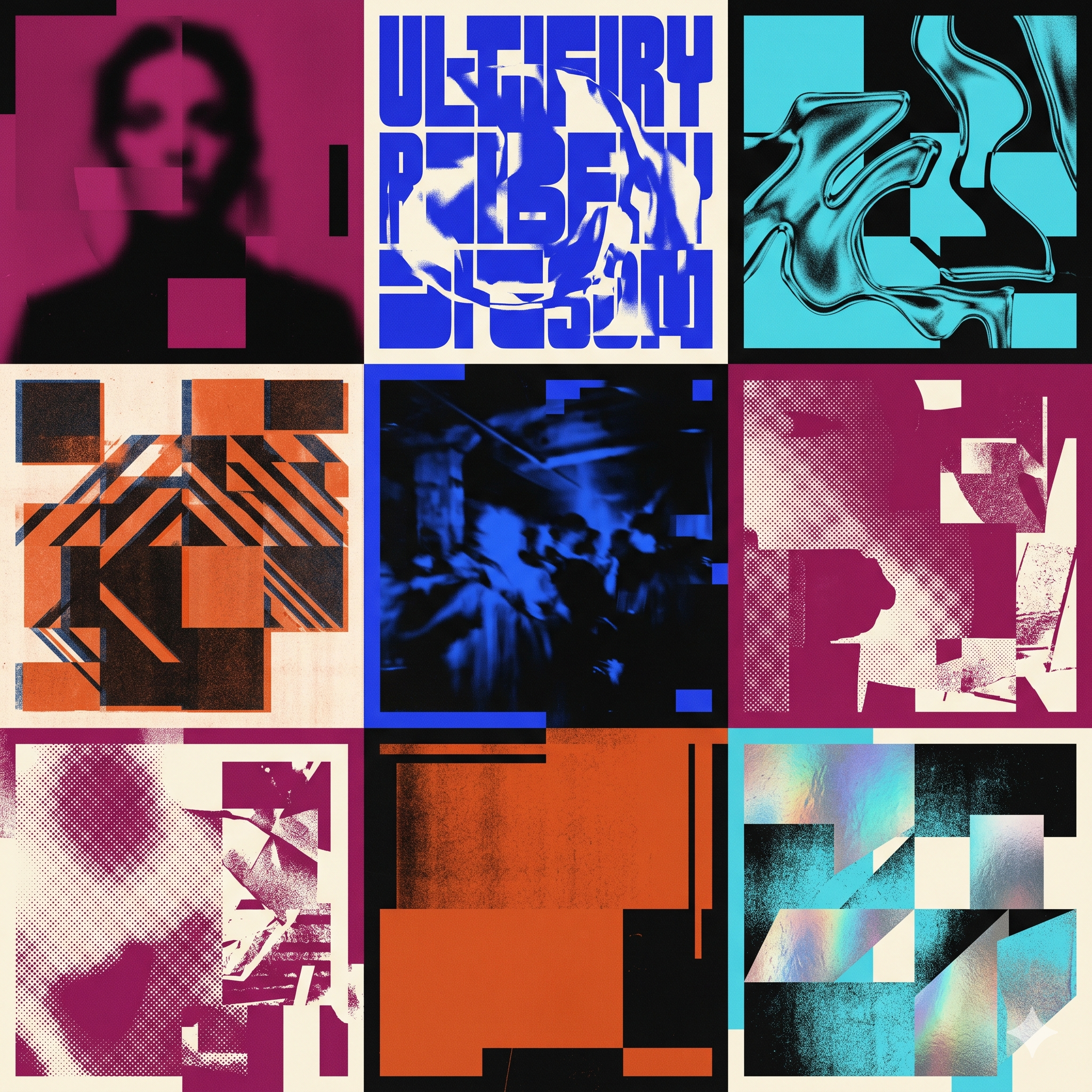 A mosaic of stylized album artwork